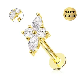 14K Solid Gold Cartilage Earrings 16G Internally Threaded Shinny CZ Top Labret Stud