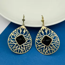 18K Gold Plated Filigree Black Stone Dangling Earring For Women