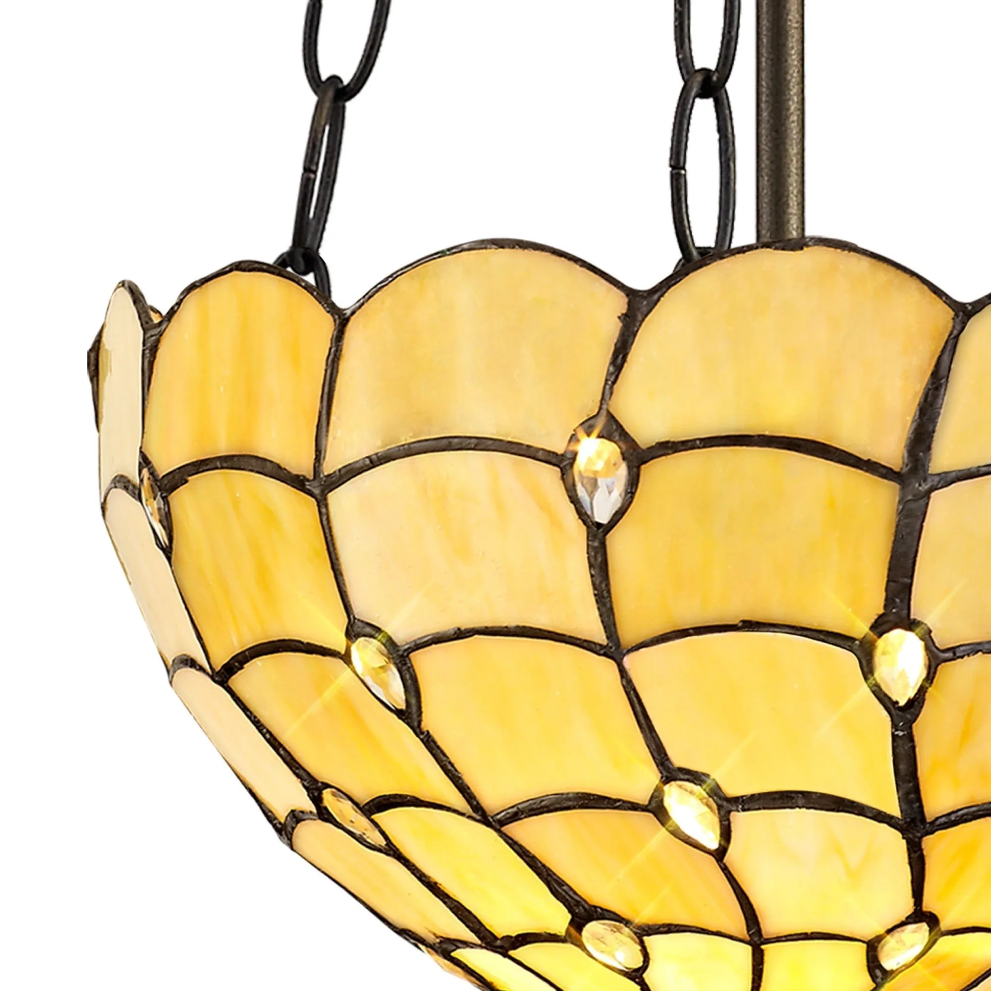 Aero 2 Light Uplighter Pendant E27 With 30cm Tiffany Shade, Beige/Clear Crystal/Aged Antique Brass