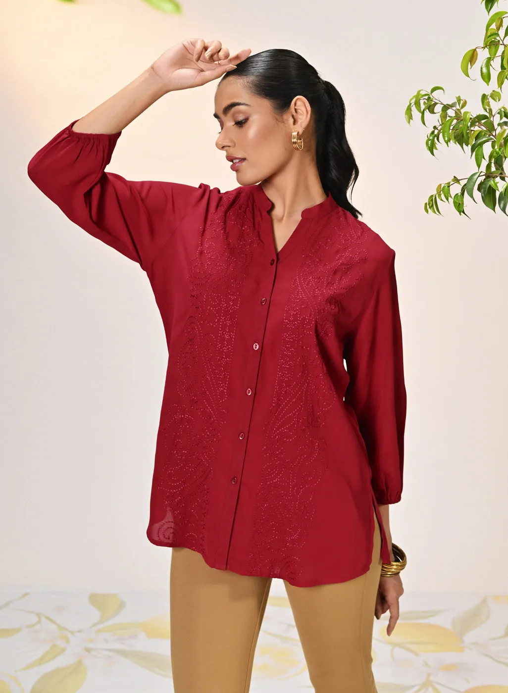 Ameera Red Embroidered Georgette Shirt for Women