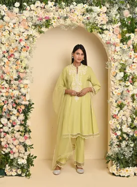 Womens Elegant Apple Green Embroidered 3-Piece Kurta Set with Organza Dupatta