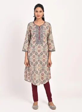 Beige Embroidered Bandhani Print Kurti