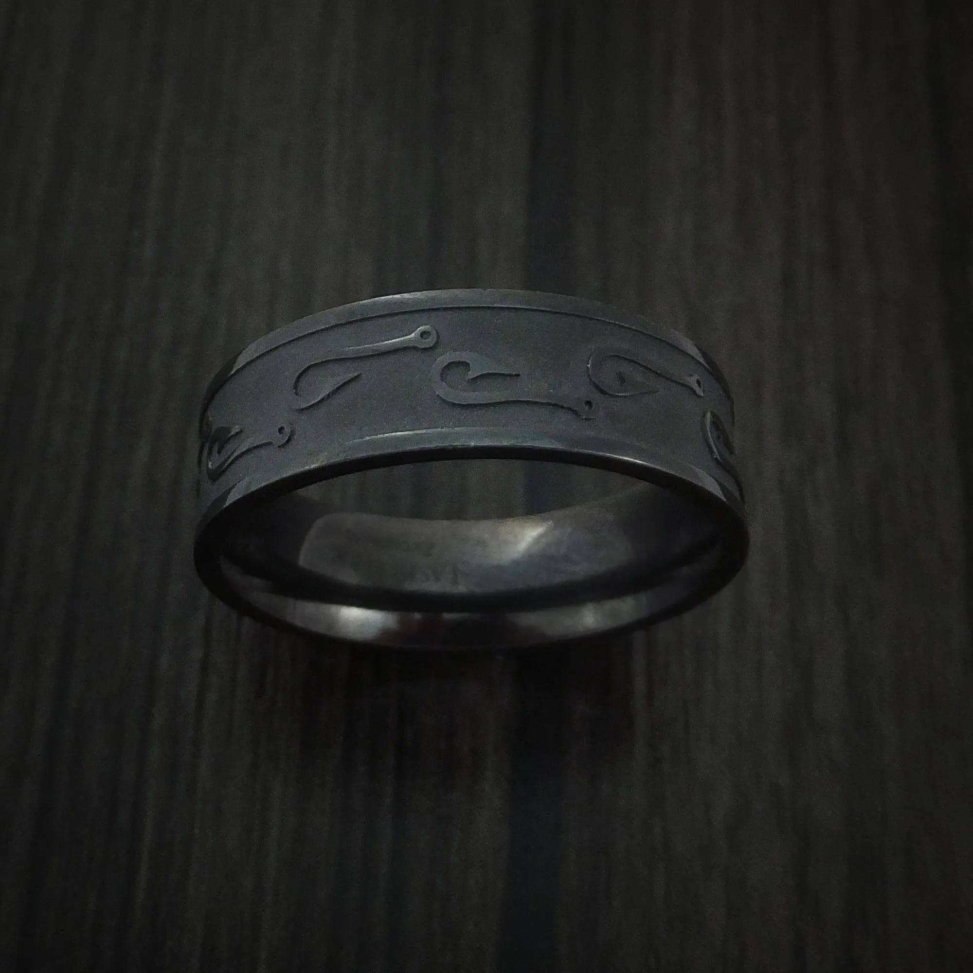 Black Zirconium Fish Hook Design Men's Ring Custom Made Fishing Band