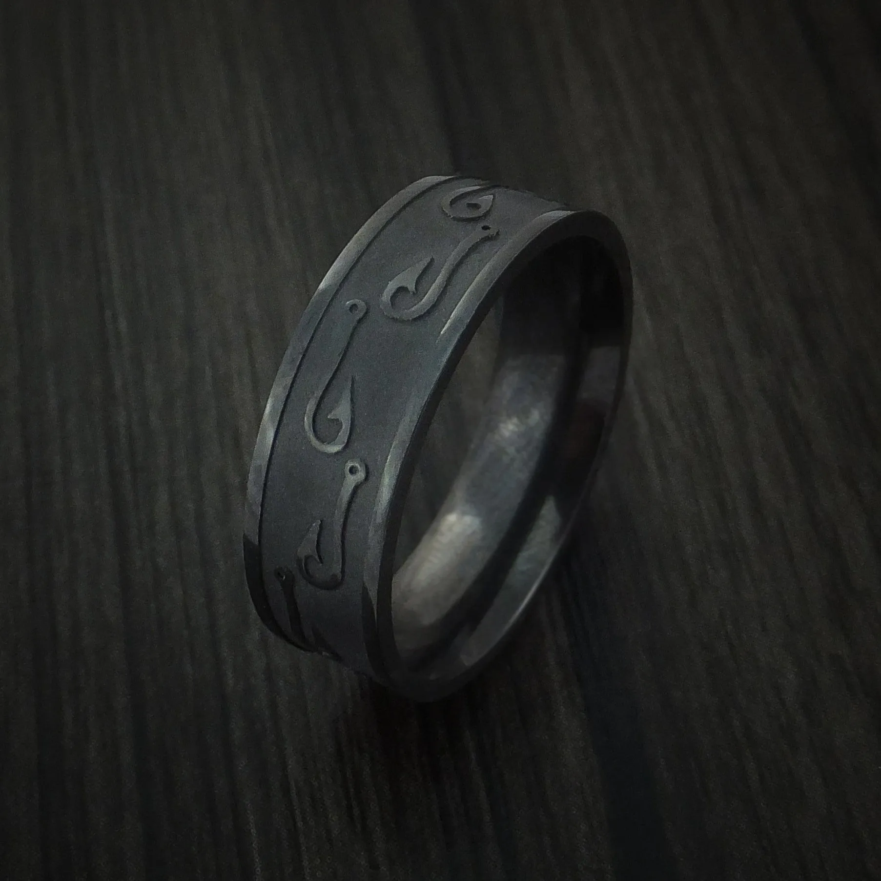 Black Zirconium Fish Hook Design Men's Ring Custom Made Fishing Band