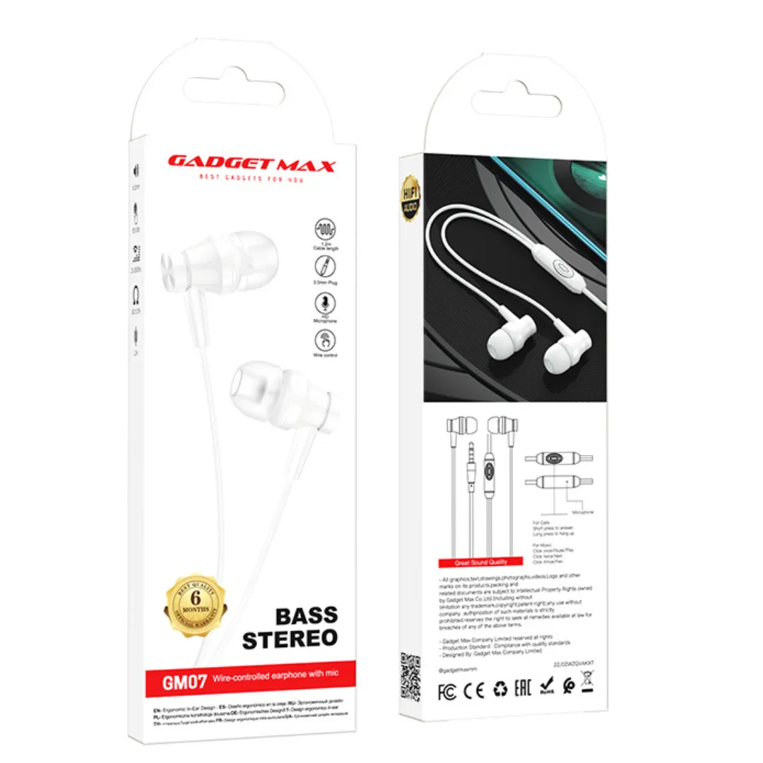 Gadget Max GM07 Wired Earphones with Mic - High Bass Stereo, 3.5mm Jack, 1.2M Cable - White