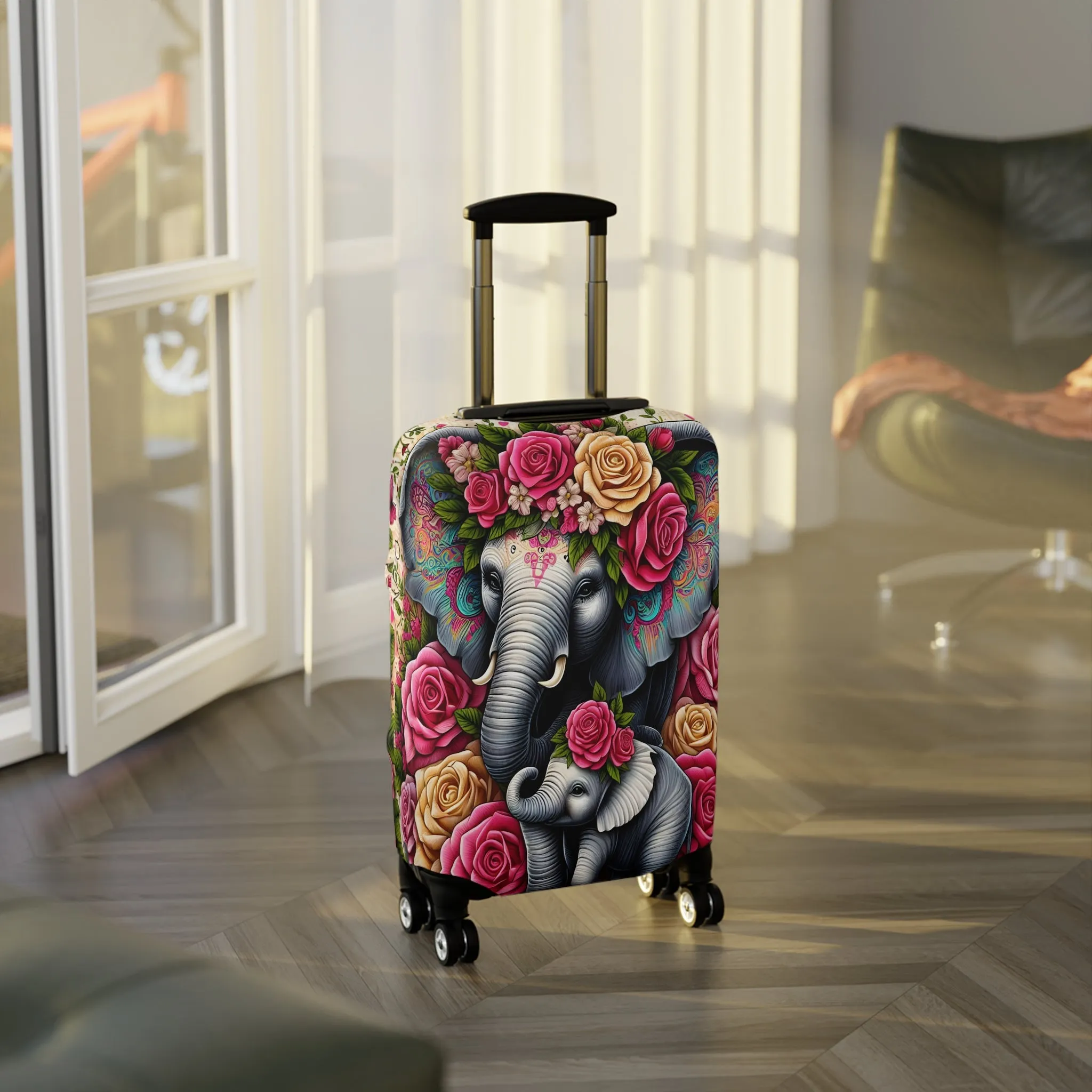 Luggage Cover, Floral Elephant and Baby, awd-1425