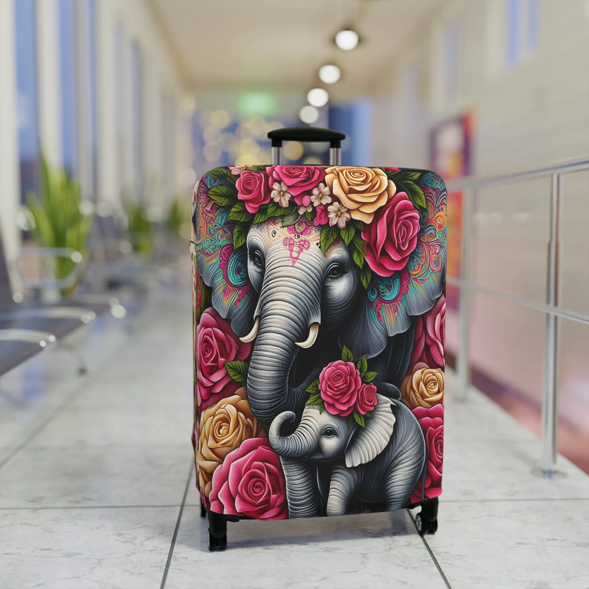 Luggage Cover, Floral Elephant and Baby, awd-1425