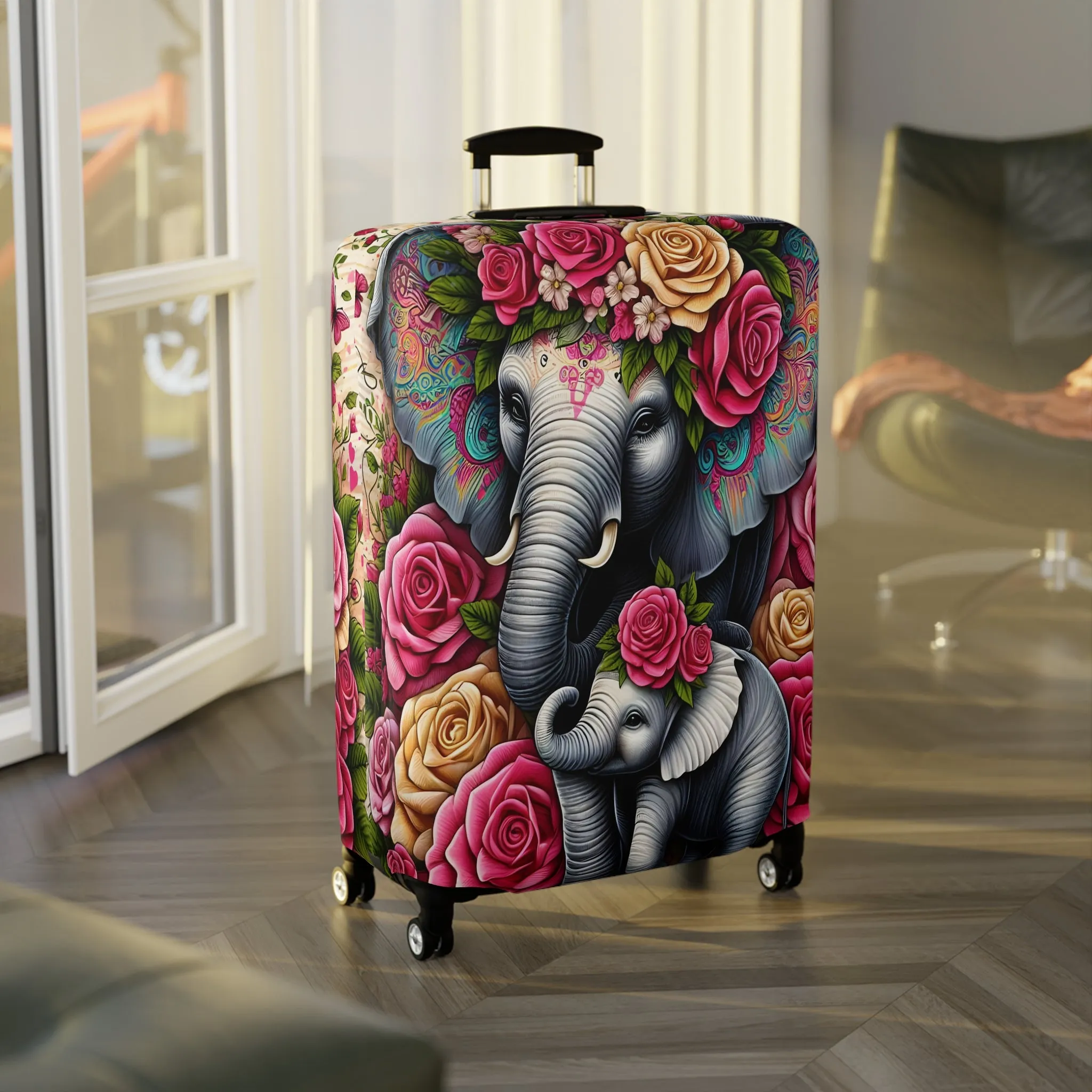 Luggage Cover, Floral Elephant and Baby, awd-1425