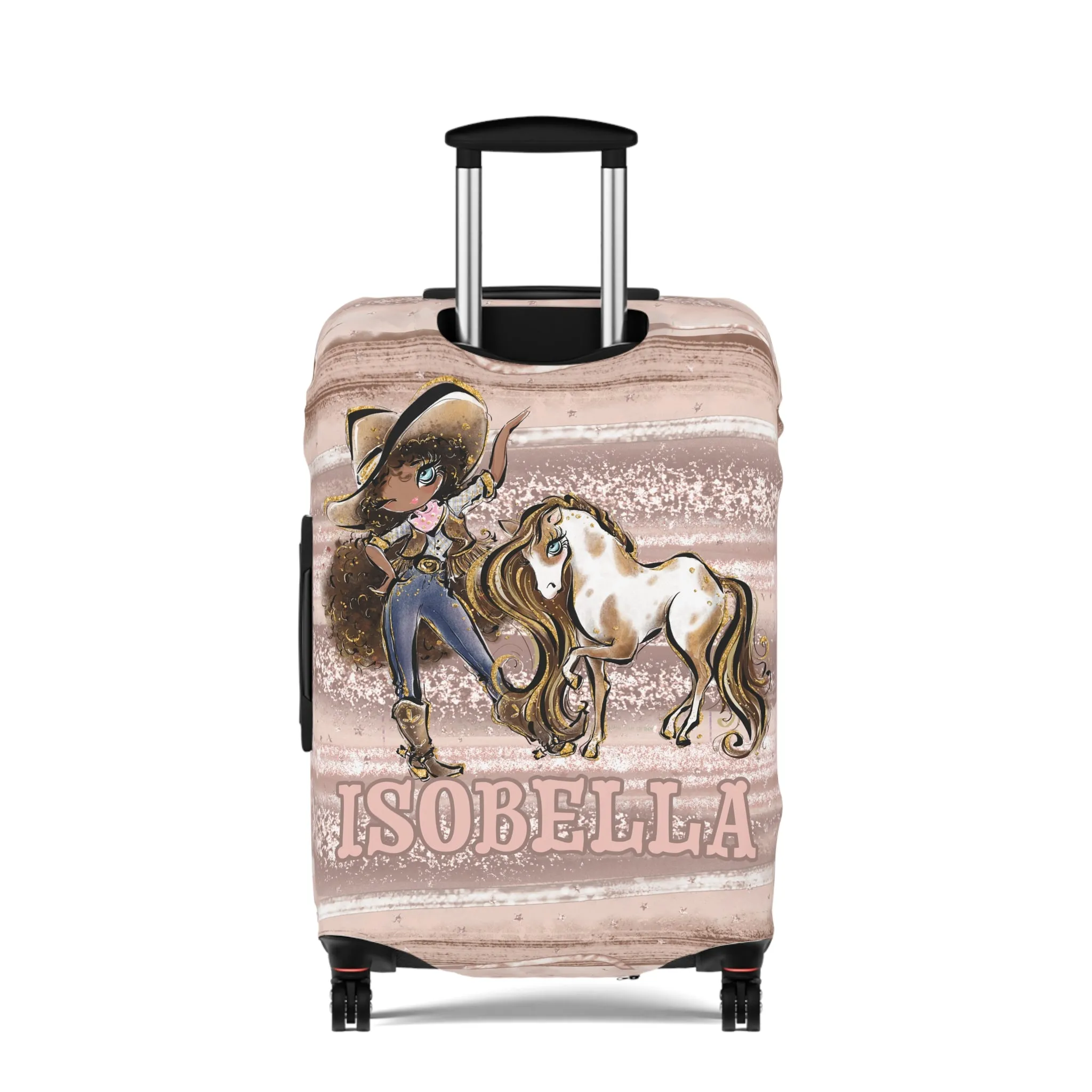 Luggage Cover, Howdy Cowgirl and Horse, Brunette Curly Hair Olive Skin Blue Eyes