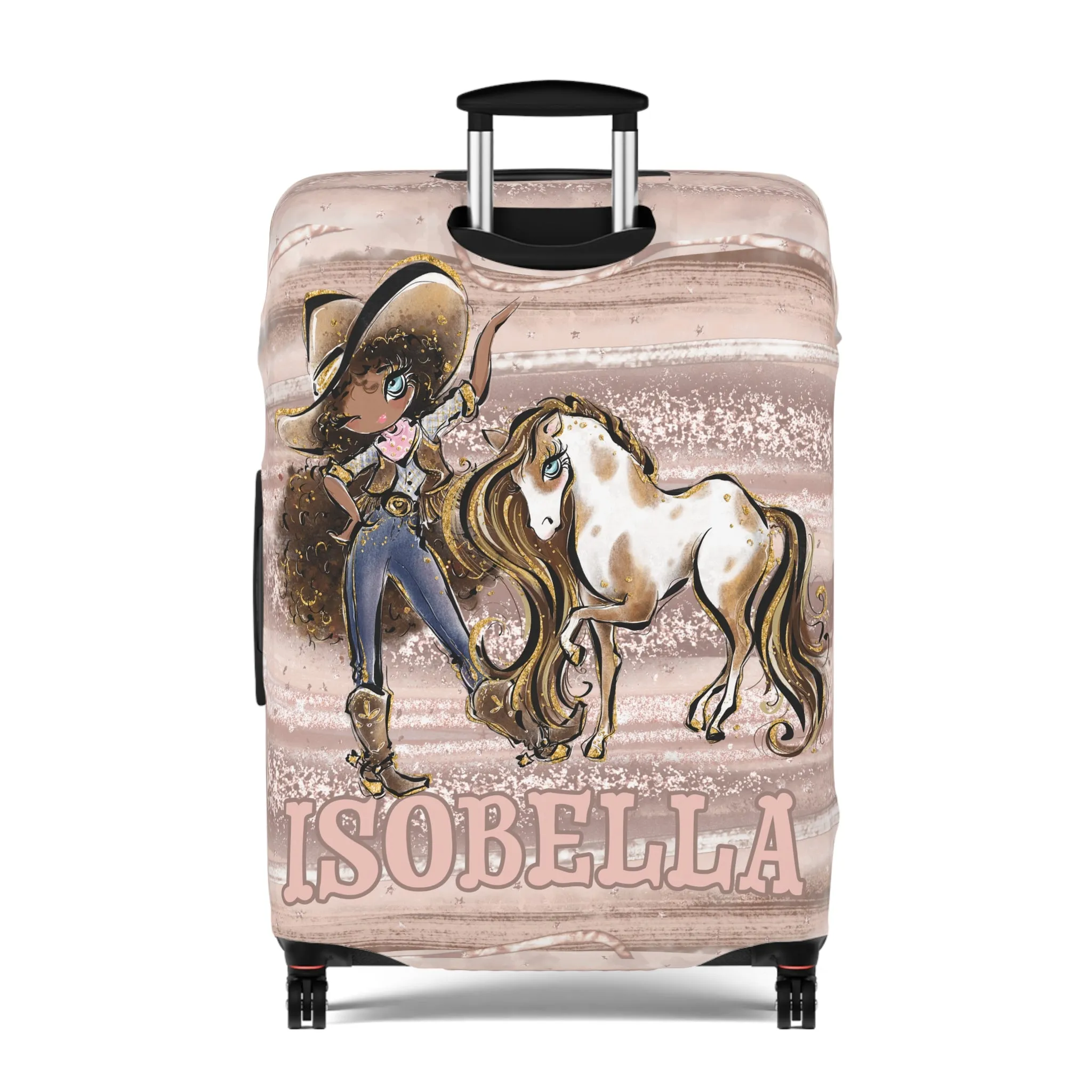 Luggage Cover, Howdy Cowgirl and Horse, Brunette Curly Hair Olive Skin Blue Eyes