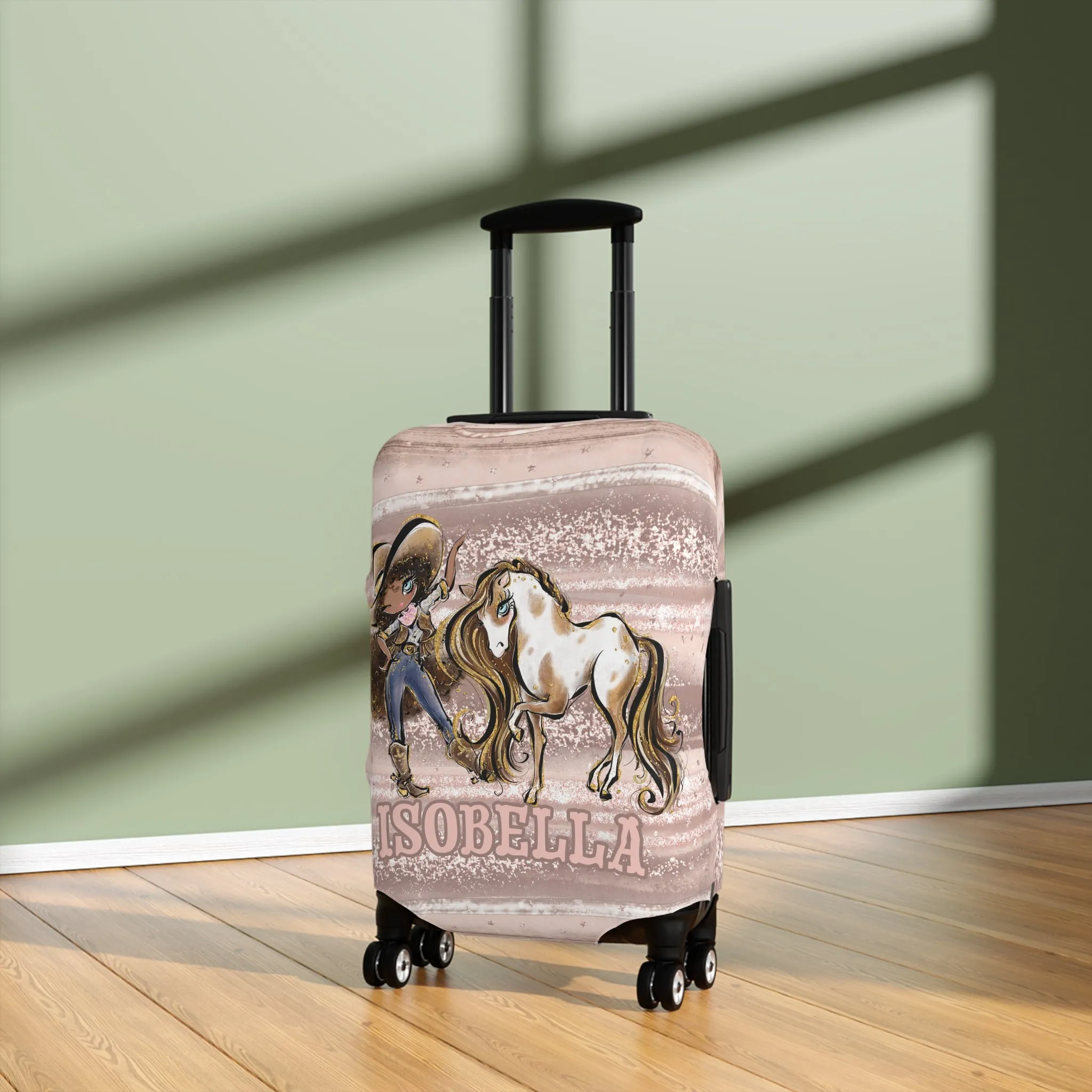 Luggage Cover, Howdy Cowgirl and Horse, Brunette Curly Hair Olive Skin Blue Eyes