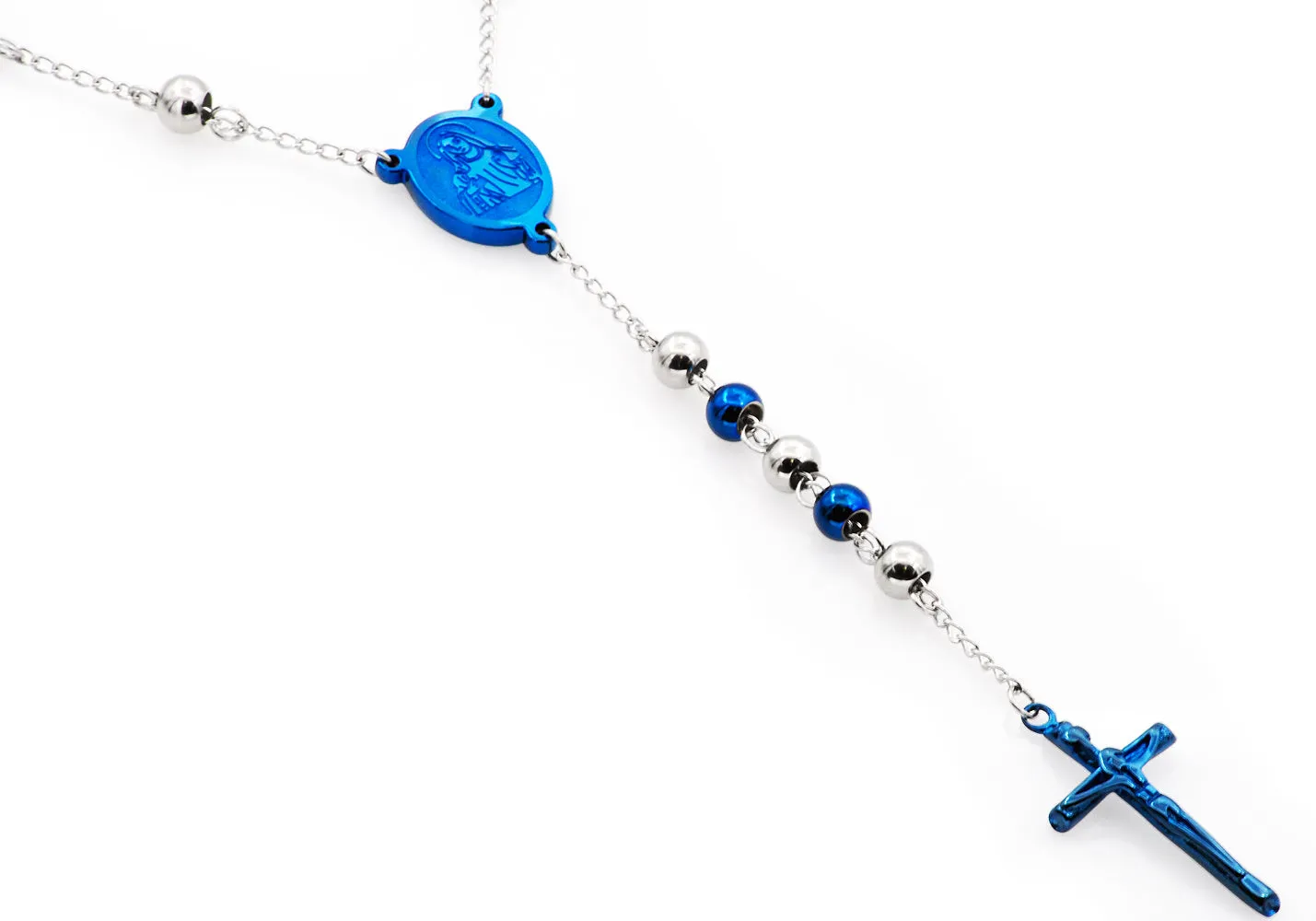 Men's Blue Stainless Steel Rosary Necklace