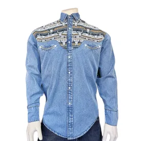 Men's Vintage 2-Tone Denim & Steer Skull Embroidery Western Shirt