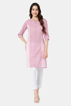 Mythri Women's Ethnic Wear Round Neck With Keyhole Opening in 3/4 sleeve with sleeve tab - Pink - KU60