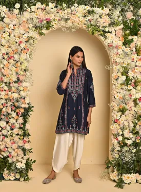 Navy Blue Embroidered Thigh-length Kurti with 3/4th Sleeves