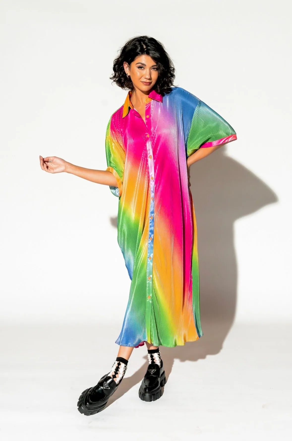 So Far So Good Oversized Plissé Dress in Prismatic Rainbow